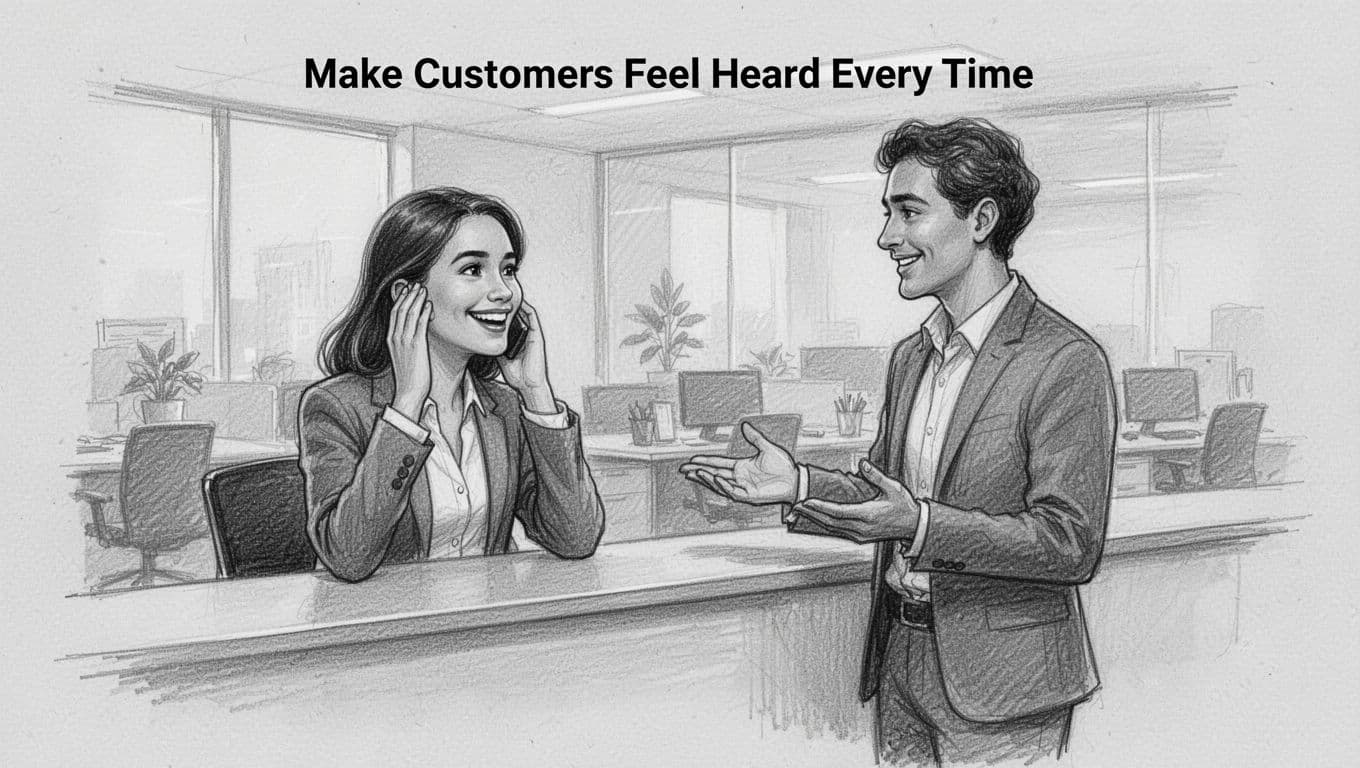 Hand-drawn graphite sketch of a young professional at a customer service desk smiling attentively with hand near ear, listening to a gesturing customer in a relaxed modern office interaction.