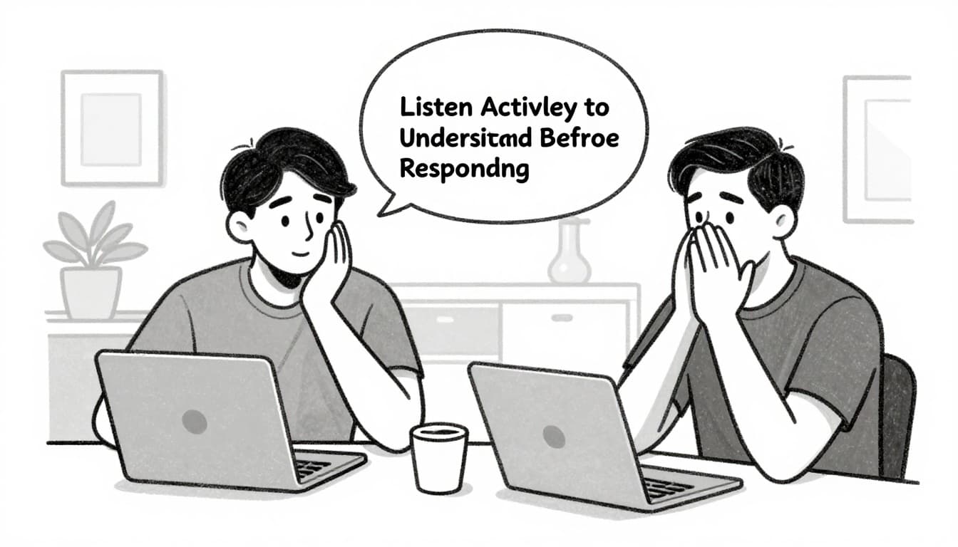 Hand-drawn sketch of two colleagues in a hybrid video meeting, one nodding attentively at an office desk while the other paraphrases a point from home, emphasizing faces, gestures, and relaxed hands.