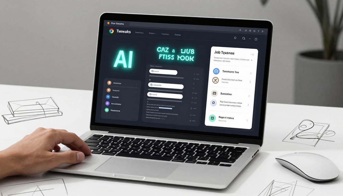 Hand-drawn graphite sketch of a laptop screen displaying a simple futuristic AI-powered job matching dashboard with glowing keyword matches, resume builder, and automation reminder icons, set on a desk with mouse and keyboard, white background, landscape orientation.