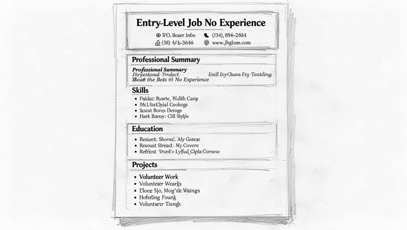 Hand-drawn graphite sketch on white paper showing a simple one-page resume structure for beginners with no experience, including sections for contact info, summary, skills, education, projects, and volunteer work.