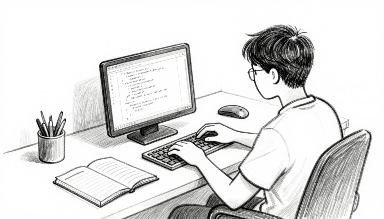 Hand-drawn graphite linework sketch with light shading on white paper background depicts a young person at a desk in a simple home office, relaxed hands on keyboard working on a laptop for a personal project like website code, notebook nearby, focus on project work vibe.