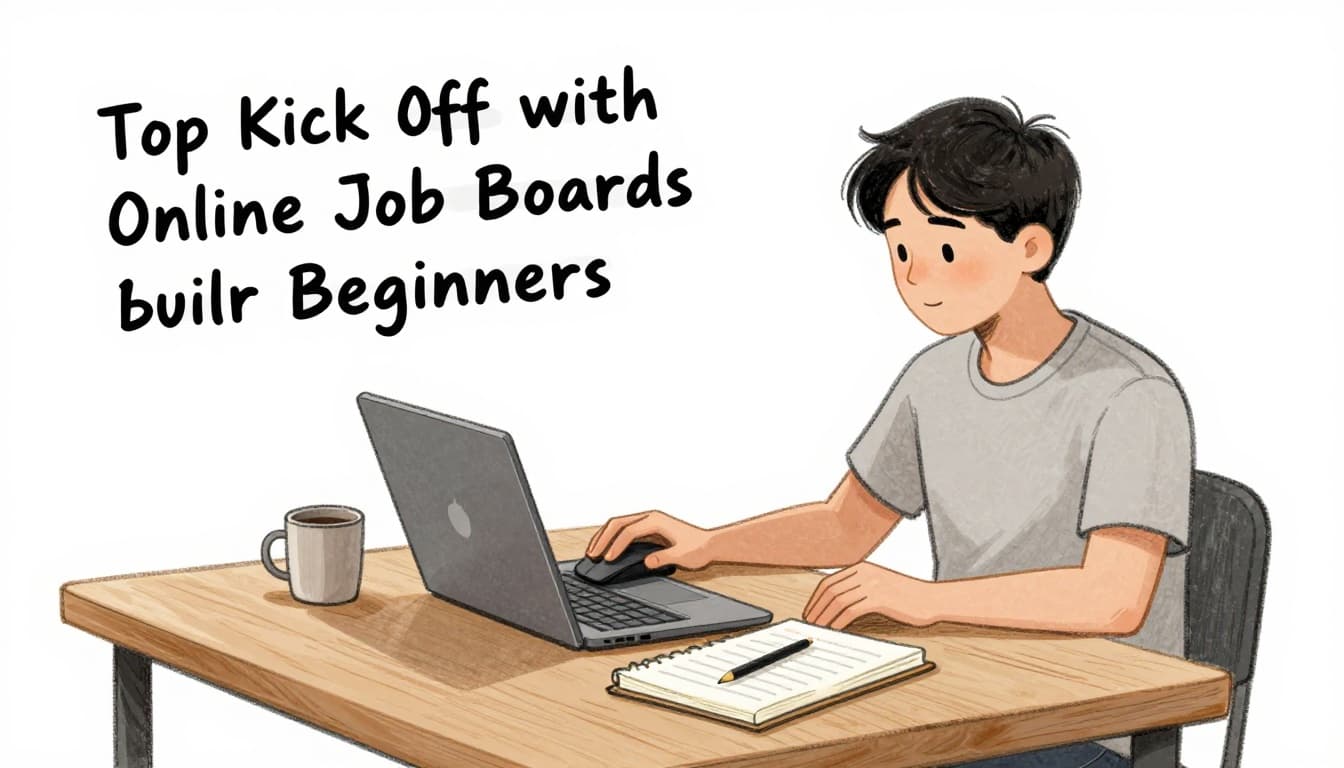 Hand-drawn sketch of a young adult beginner job seeker at a wooden desk with laptop open to job search page, mouse in hand, notebook and coffee nearby, relaxed focused expression in simple home office.