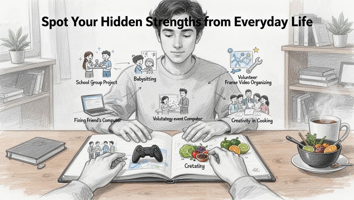 A young adult sits at a wooden desk in a cozy home office, thoughtfully reviewing an open notebook filled with hand-drawn icons representing transferable skills from school projects, babysitting, computer repair, volunteering, video games, and cooking. Hand-drawn sketch style with graphite linework and light shading on a clean white background.