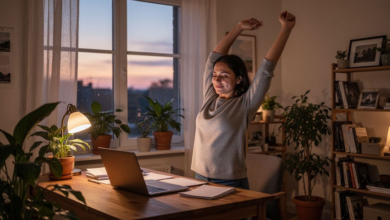 A single person in a cozy home office at the end of the workday closes their laptop screen, stands up to stretch their arms relaxedly, bathed in soft evening window light with plants nearby, in a realistic photo style.