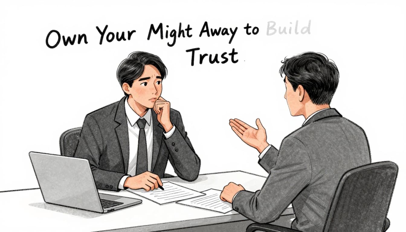 Hand-drawn graphite sketch of one business-casual employee calmly speaking to a seated manager at an office desk, gesturing openly with a sincere expression while admitting a mistake. Simple office setting includes papers and a closed laptop on light gray paper background with light shading.