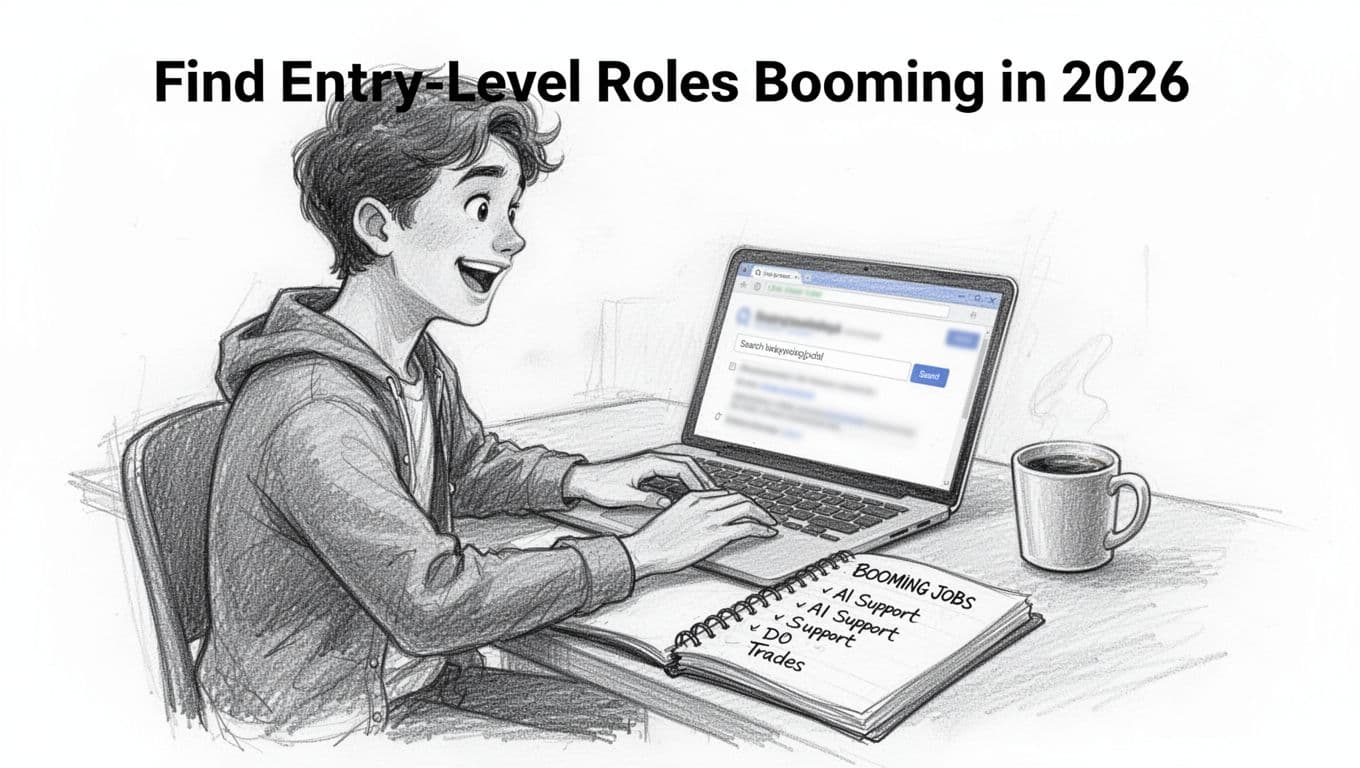 Young job seeker in casual clothes at home desk with laptop open to job search, typing keywords, open notebook of booming jobs like AI support and trades, coffee mug, focused excited expression. Hand-drawn graphite sketch style on white background.