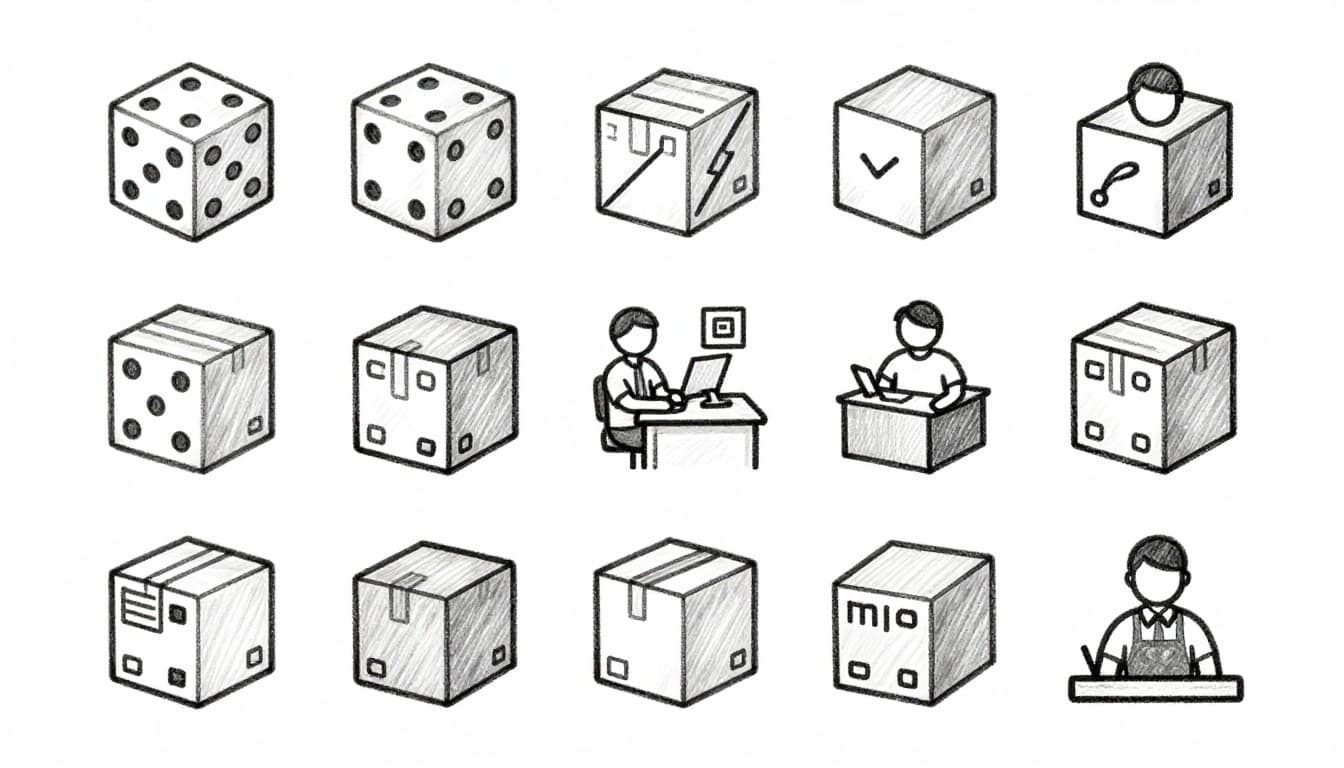 Group of simple sketched icons representing niche jobs including tech dice, startup angel, temp agency worker, warehouse boxes, and hospitality server, arranged on a desk with graphite linework, light shading, and clean white paper background.