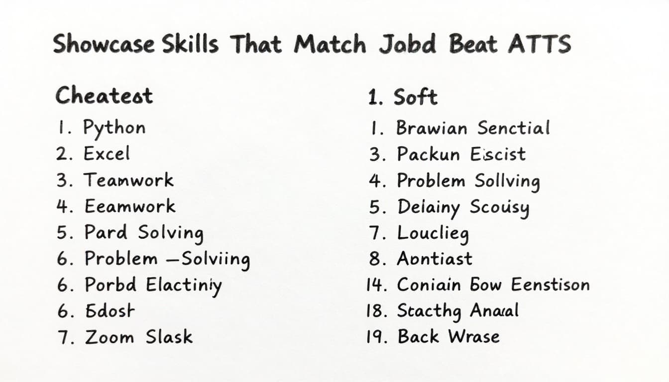 Hand-drawn graphite sketch on clean white paper showing a resume skills section with two columns listing 6-8 balanced hard and soft skills like Python, Excel, teamwork, and problem-solving, separated by bullets or lines in a simple ATS-friendly layout.