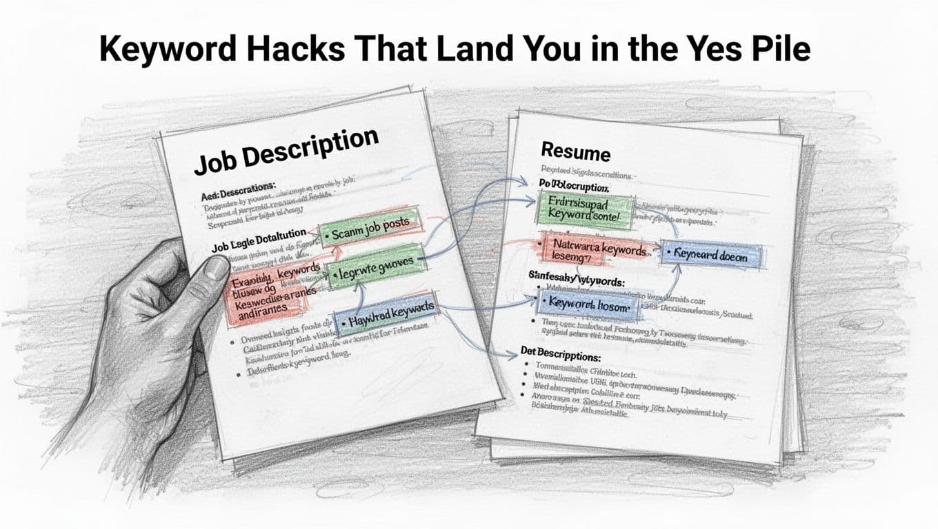 A relaxed hand holds a job description paper next to a resume on a wooden desk, with faint lines highlighting matching elements between the documents. Hand-drawn sketch style featuring graphite linework and light shading on clean white paper.