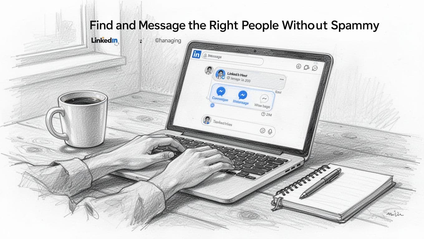 Hand-drawn graphite sketch of a relaxed hand typing on a laptop keyboard at a wooden desk in a cozy office, faint outline of LinkedIn messaging interface on screen, coffee mug and notebook nearby.