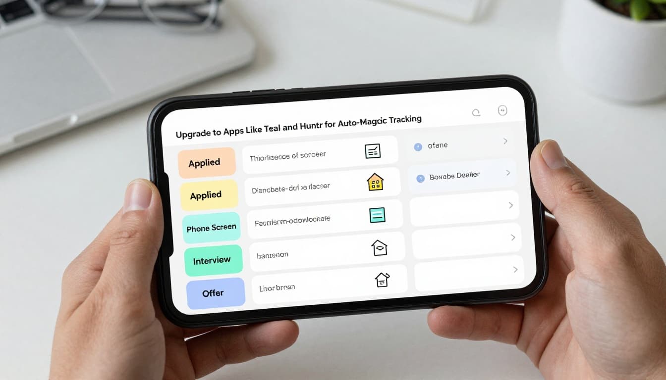 Sketch of two hands holding a smartphone displaying a job tracking app Kanban board with columns Applied, Phone Screen, Interview, Offer, and colorful cards. Hand-drawn graphite linework style on light gray paper background, modern desk with notebook.