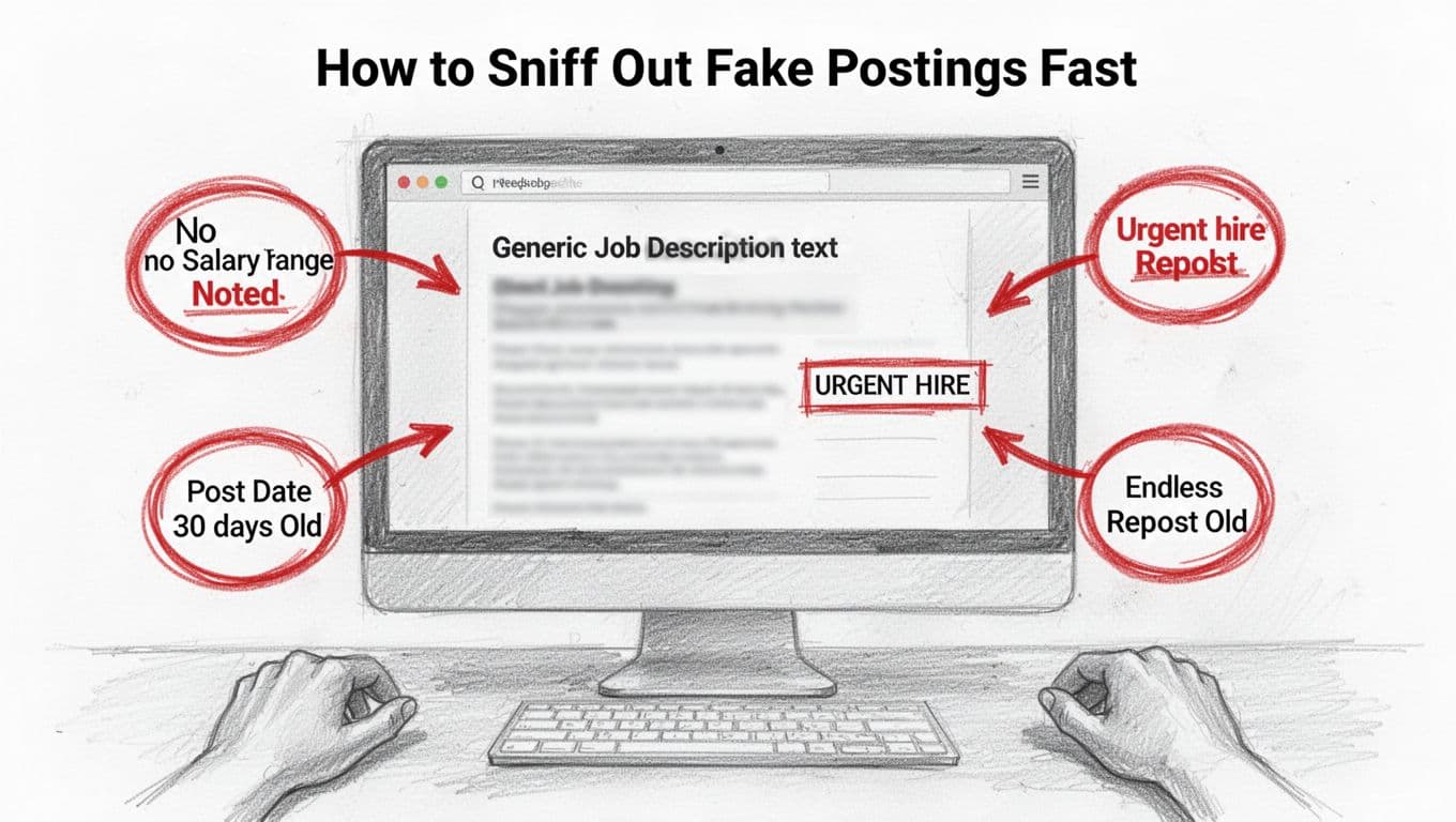Hand-drawn graphite sketch of a computer screen on a desk displaying a job posting webpage with red flags highlighted, including blurred generic text, no salary range, 'urgent hire' label, old post date, and repost indicators, using red circles and arrows.