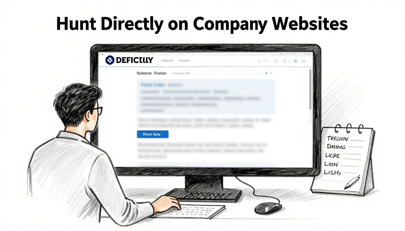 Hand-drawn sketch of a job seeker viewing a company career page on a computer screen with blurred direct apply button and nearby notepad listing company names. Graphite linework, light shading on clean white background, no text or logos.