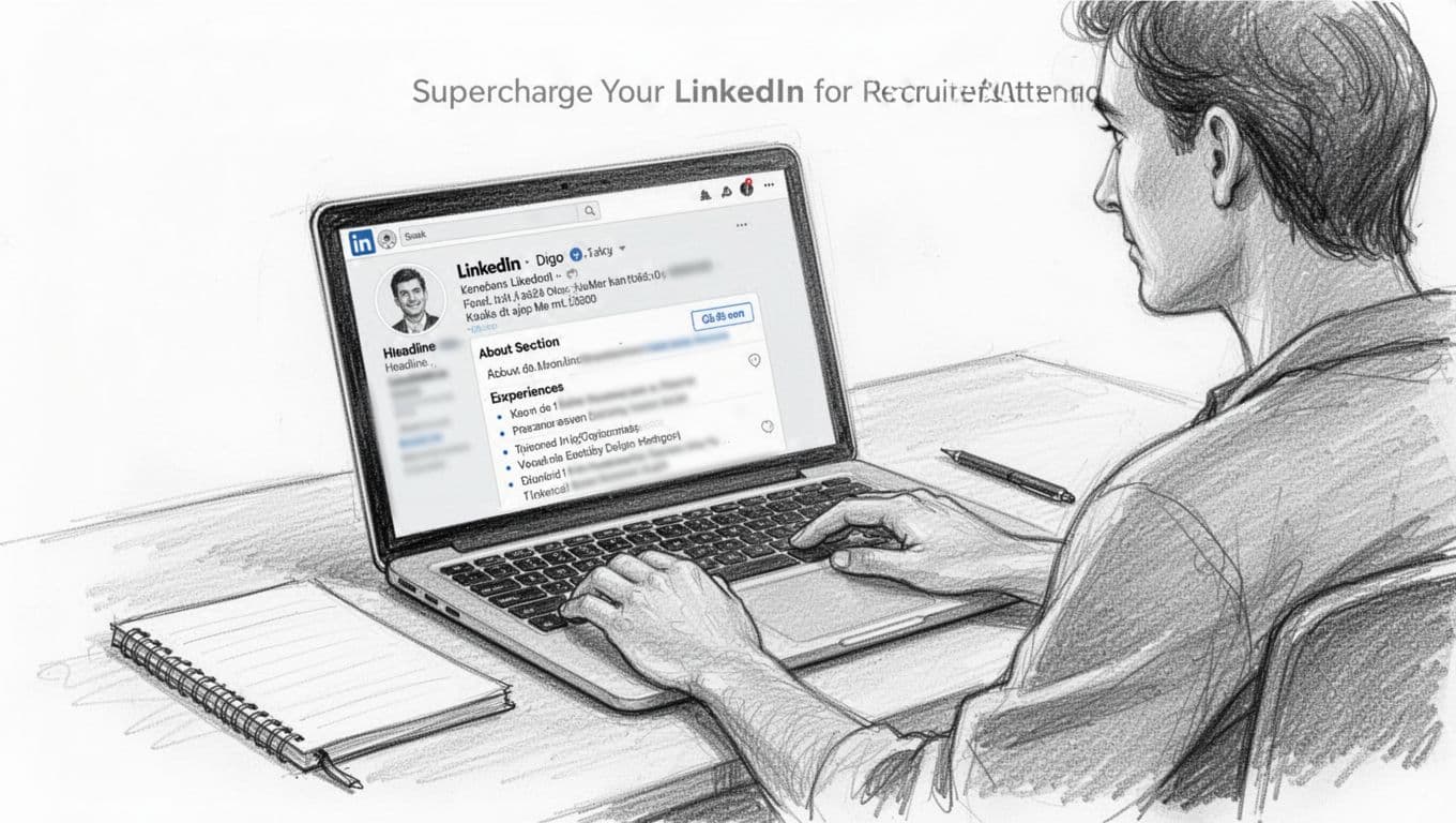 Hand-drawn graphite sketch of a single person seated at a desk in a simple home office, viewing a slightly angled laptop screen displaying a blurred LinkedIn profile with headline, about section, and experience bullets. Hands relaxed on desk, notebook nearby, clean white background.