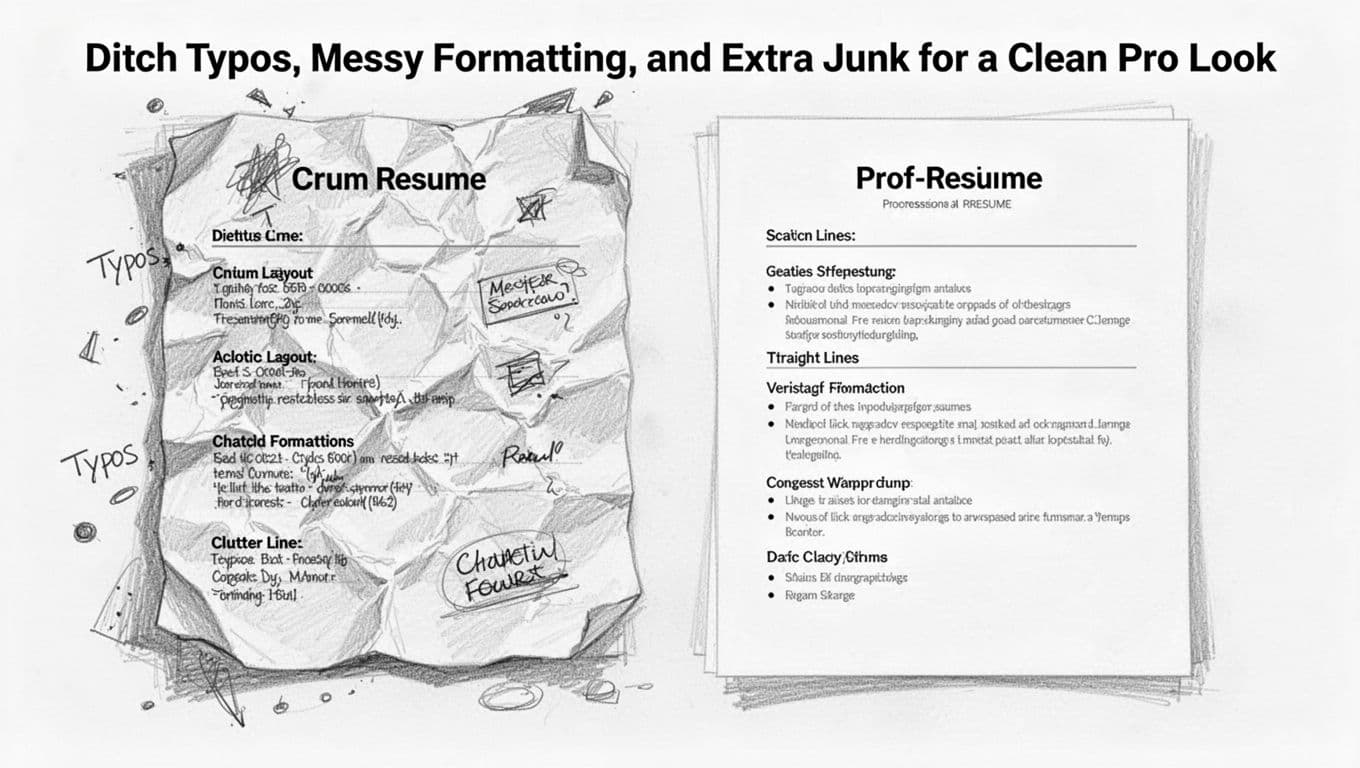 Hand-drawn graphite sketch on a desk showing a messy crumpled resume with chaotic layout, typos, clutter, and scribbles next to a neat professional resume with straight lines, bullets, and ample white space.