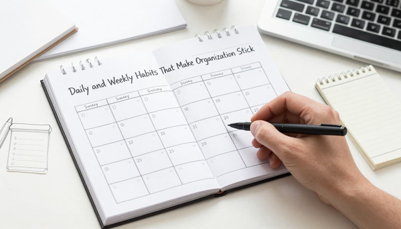 Hand-drawn graphite sketch of a person relaxed at an organized desk with computer, Sunday calendar showing job review notes, weekly habits checklist, notepad and pen, natural window lighting.