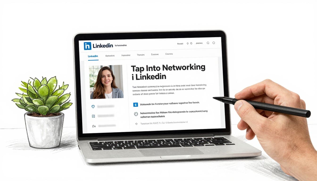 Hand-drawn sketch of a person creating their LinkedIn profile on a laptop in a cozy workspace with a plant, skills section blurred, adding volunteer experience.