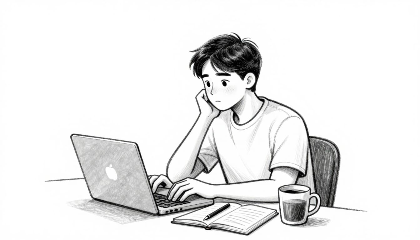 A young professional sits at a desk in a home office, typing thoughtfully on a laptop with a coffee mug nearby and an open notebook with pen. Hand-drawn graphite sketch style with light shading on clean white background.