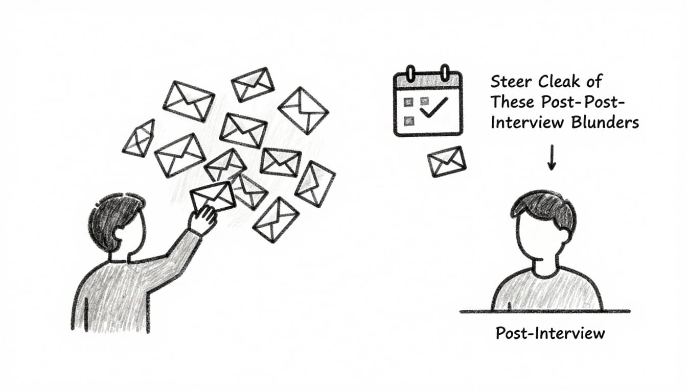 Split-scene hand-drawn sketch contrasting overwhelming post-interview emails on one side with a calm follow-up on the other, featuring simple figures, email and calendar icons, graphite linework, light shading on white paper background.