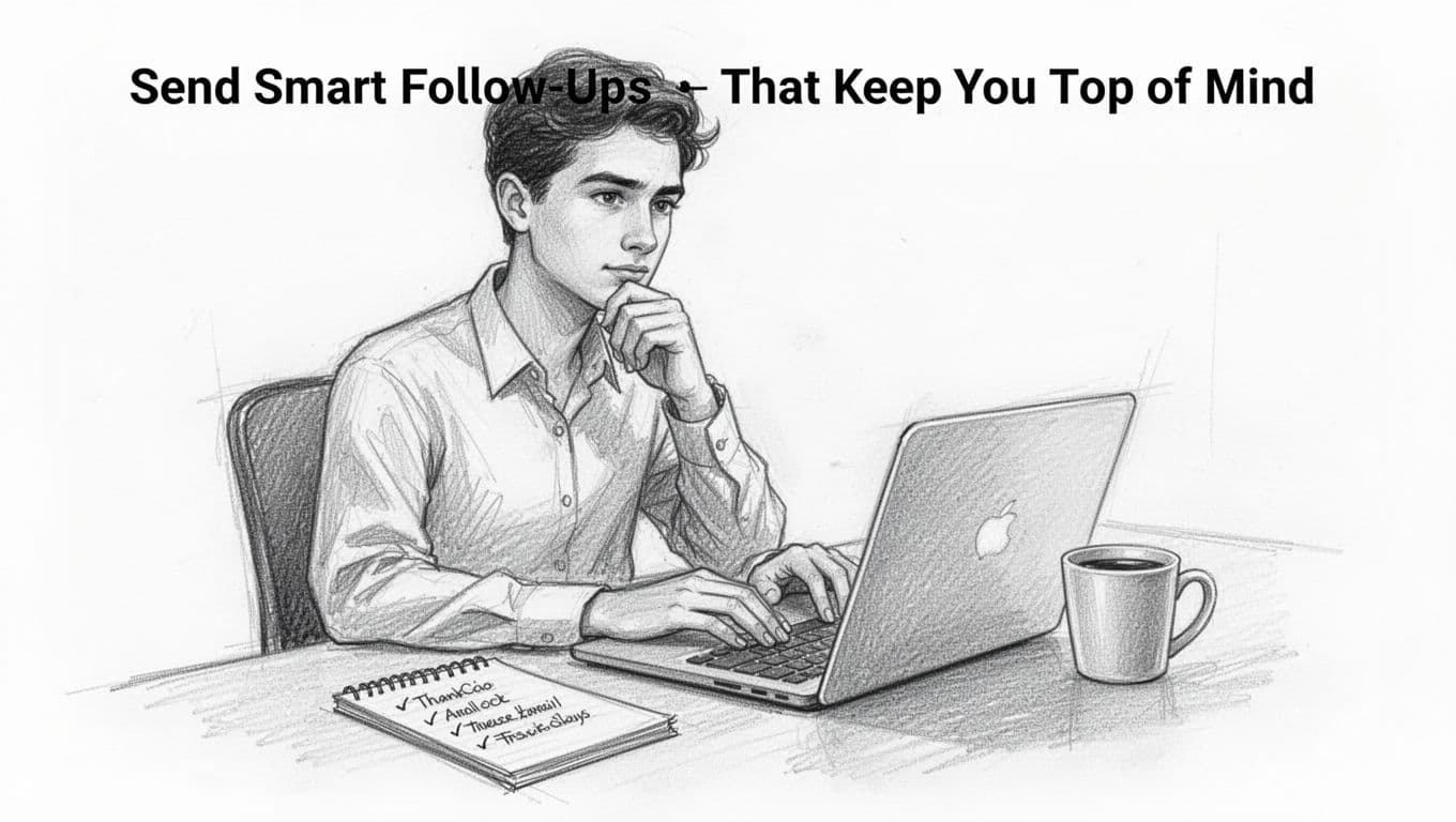 Young professional at a home desk typing a follow-up email on a laptop, with notepad featuring bullet points nearby, thoughtful expression, and coffee mug beside. Hand-drawn sketch style with graphite linework, light shading on clean white background.