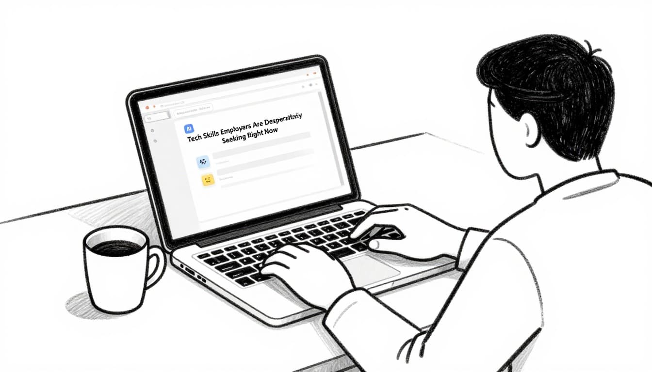 Hand-drawn sketch of a professional at a modern desk, focused on a laptop screen with a simple AI chat interface, hand near keyboard, coffee mug nearby, graphite linework and light shading on white background.