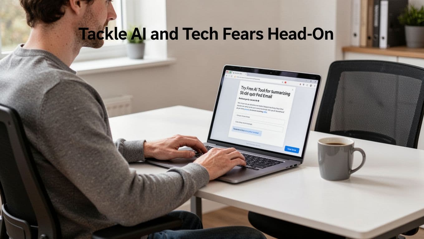 A single person in a relaxed pose sits at a modern home office desk, using a laptop to test a free AI tool for summarizing an email, with a coffee mug nearby and natural daylight lighting.