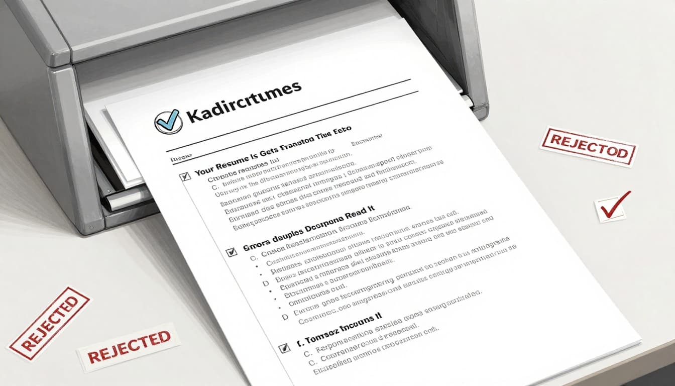 Top-down view of a resume document being pulled into a computerized shredder representing an ATS trash filter on an office desk, with rejected stamps and passing checkmarks scattered around, in hand-drawn graphite sketch style.