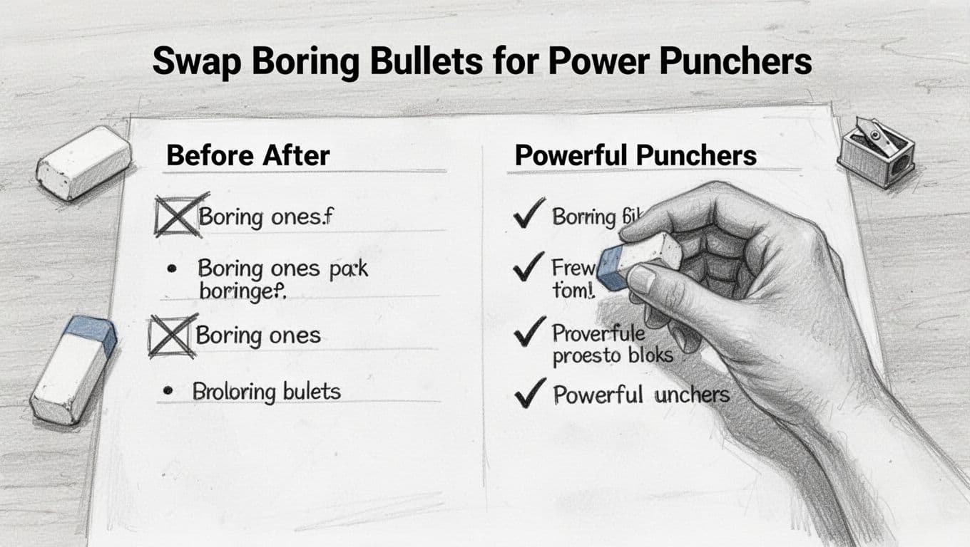 Hand-drawn graphite sketch of a resume page snippet on a simple wooden desk, with boring bullet points crossed out on the left and powerful ones checked on the right. A relaxed hand holds an eraser over a boring bullet, accompanied by a sharpener, in linework style with light shading on a clean white background.