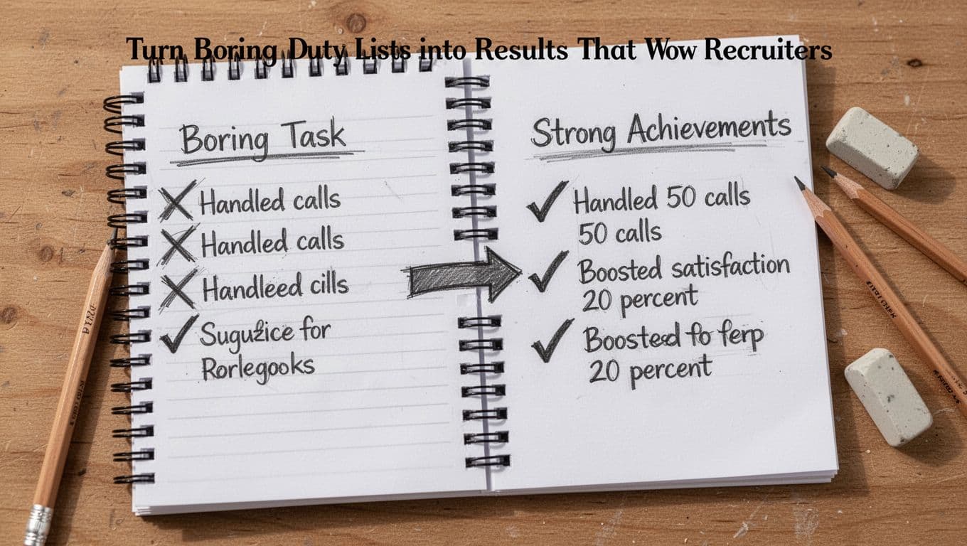 Hand-drawn graphite sketch of an open notepad on a wooden table, left side with crossed-out boring task bullet points like 'handled calls,' right side with checkmarked quantified achievements like 'handled 50 calls, boosted satisfaction 20%,' connected by a transformation arrow, pencil and eraser nearby, linework with light shading on white paper background.
