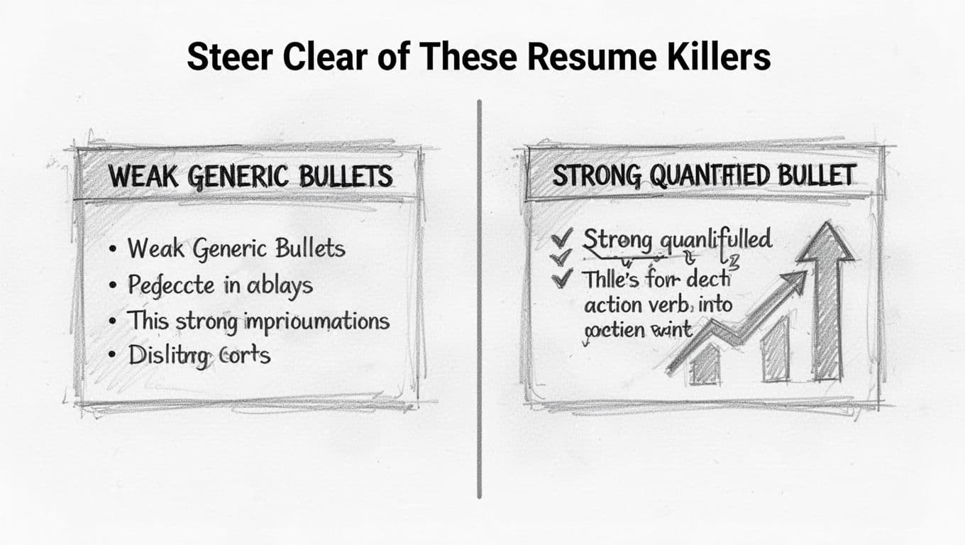 Hand-drawn graphite sketch on white paper showing a split comparison: left side weak generic resume bullet, right side strong quantified bullet with action verb and upward arrow icon for improvement.