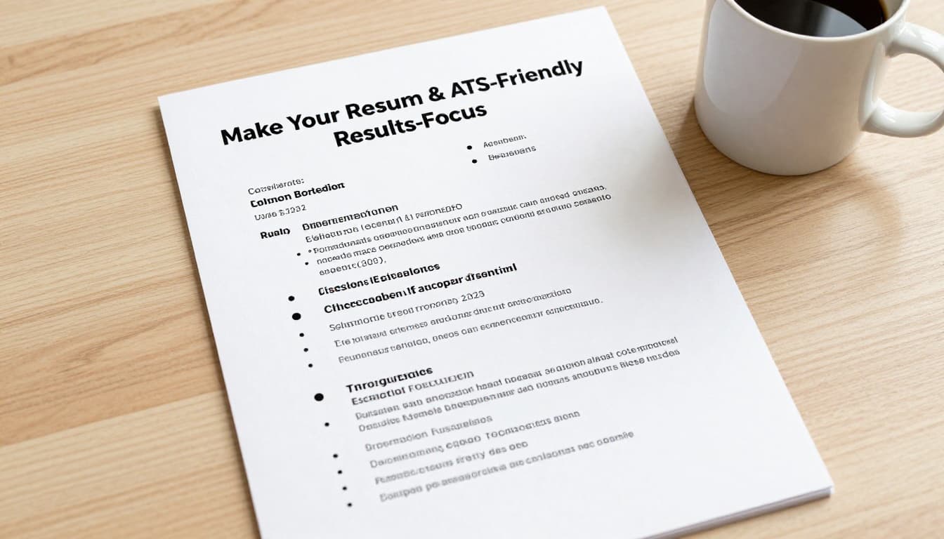 Hand-drawn graphite sketch of a clean, one-page resume featuring simple headings and numbered achievement bullet points, laid flat on a light wooden desk beside a coffee mug in top-down composition.