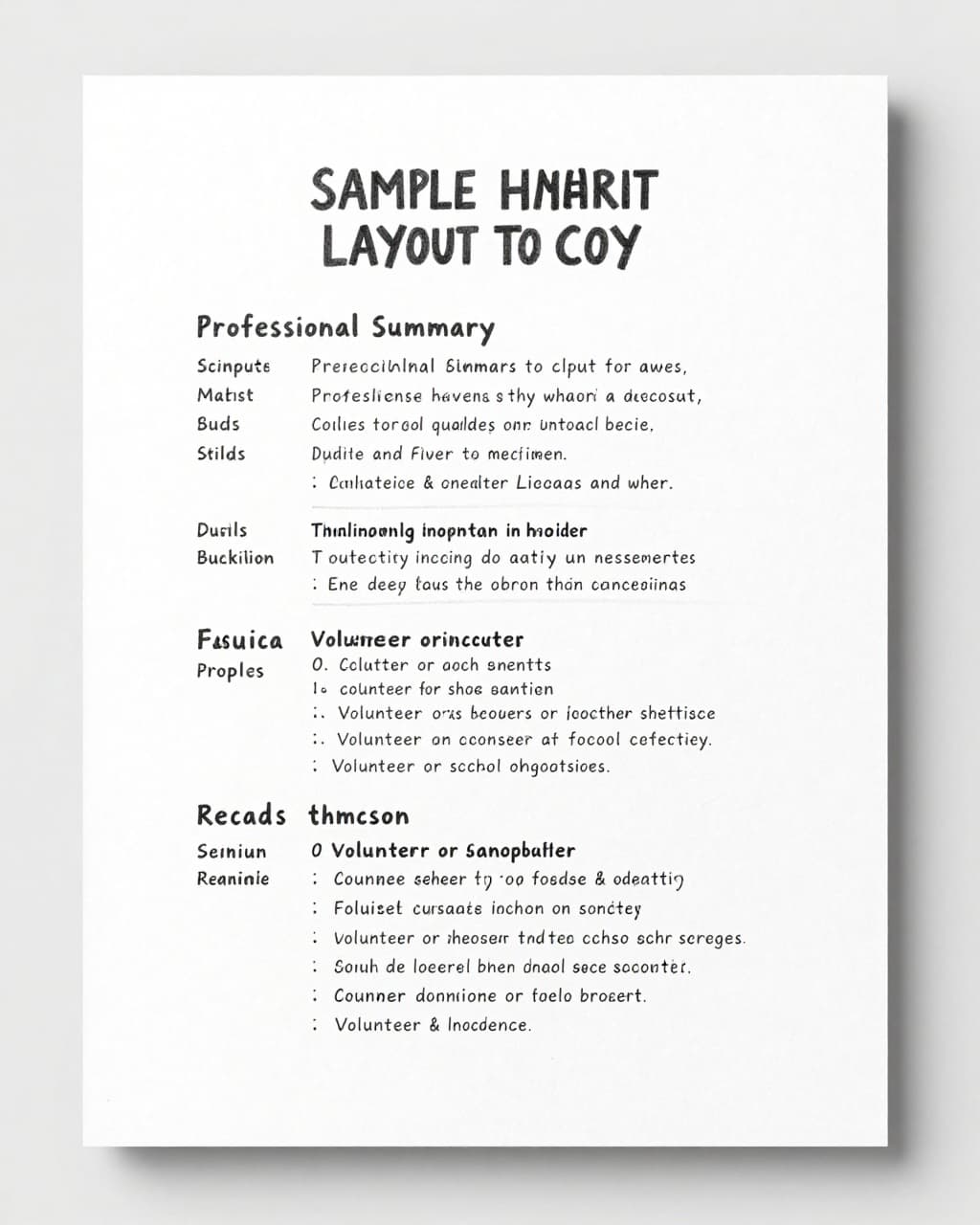 Hand-drawn graphite sketch of a one-page hybrid resume layout for entry-level job seekers, showing sections for contact info, professional summary, skills, education, and experience on a clean white background with subtle shading and no readable text.