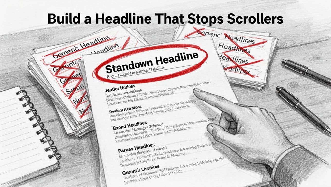 Hand-drawn graphite sketch of a resume top on a wooden desk, with standout headline circled positively and generic ones crossed out in background, hand pointing relaxed to the good headline.