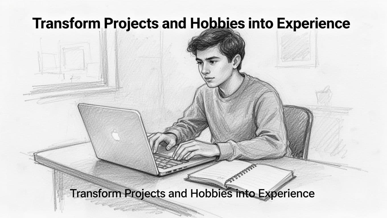 Hand-drawn graphite sketch of a student at a desk working intently on a personal coding project, laptop open with blurred screen, notebook nearby, focused expression, simple room on clean white background.