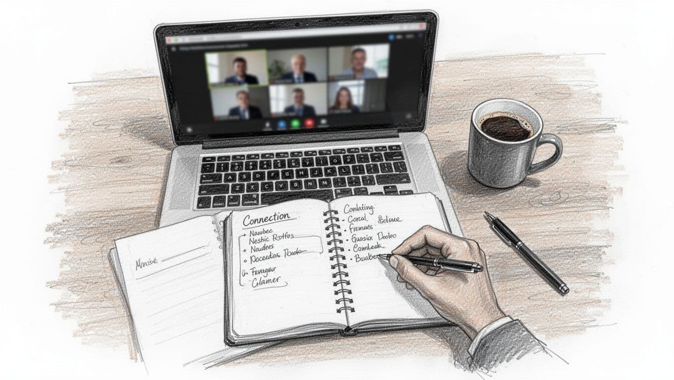 Top-down graphite sketch of a wooden office desk with a laptop displaying a blurred virtual networking interface, open notebook with handwritten connection notes, coffee mug, pen, and a single hand jotting a note.