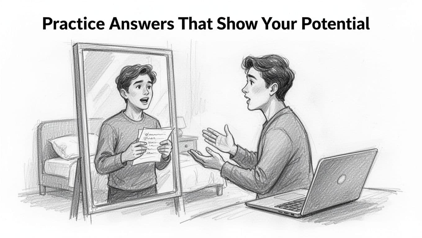 A young adult practicing job interview answers confidently in front of a mirror in a simple bedroom, with notes in hand and a laptop nearby for virtual prep. Hand-drawn graphite sketch with light shading on clean white background.