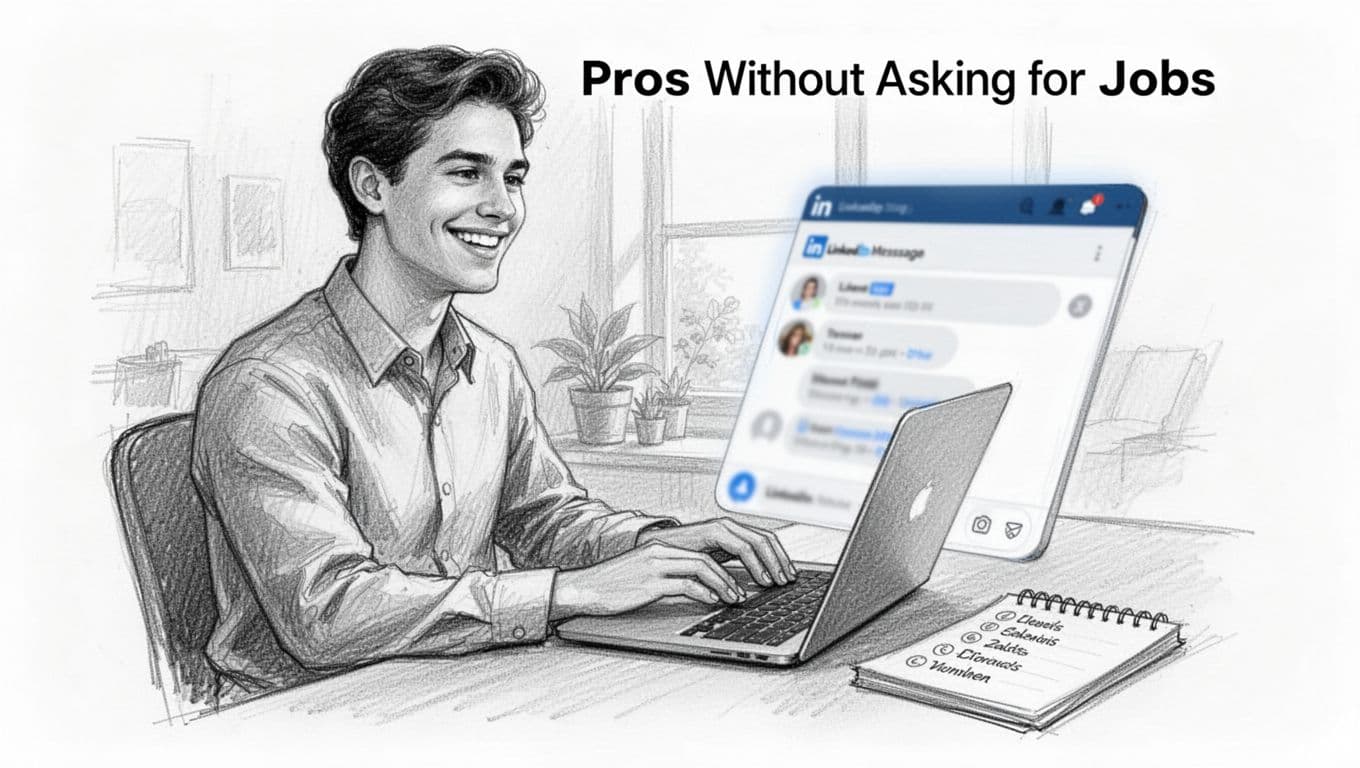 Hand-drawn sketch of a smiling young professional in business casual typing on a laptop with a blurred LinkedIn messaging interface in a cozy home office, notepad nearby, relaxed posture.