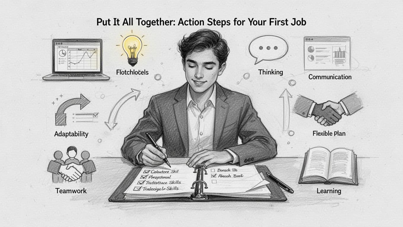 A young professional sits at a modern desk, arranging notes on six key workplace skills—digital tools, critical thinking, communication, adaptability, teamwork, and continuous learning—into an action plan checklist or binder, surrounded by representative icons, in a hand-drawn graphite sketch style with light shading on a clean light gray background.